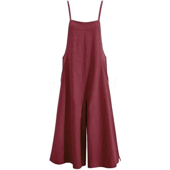 Women Loose Long Bib Pants Wide Leg Jumpsuits Red - Picture 5 of 5
